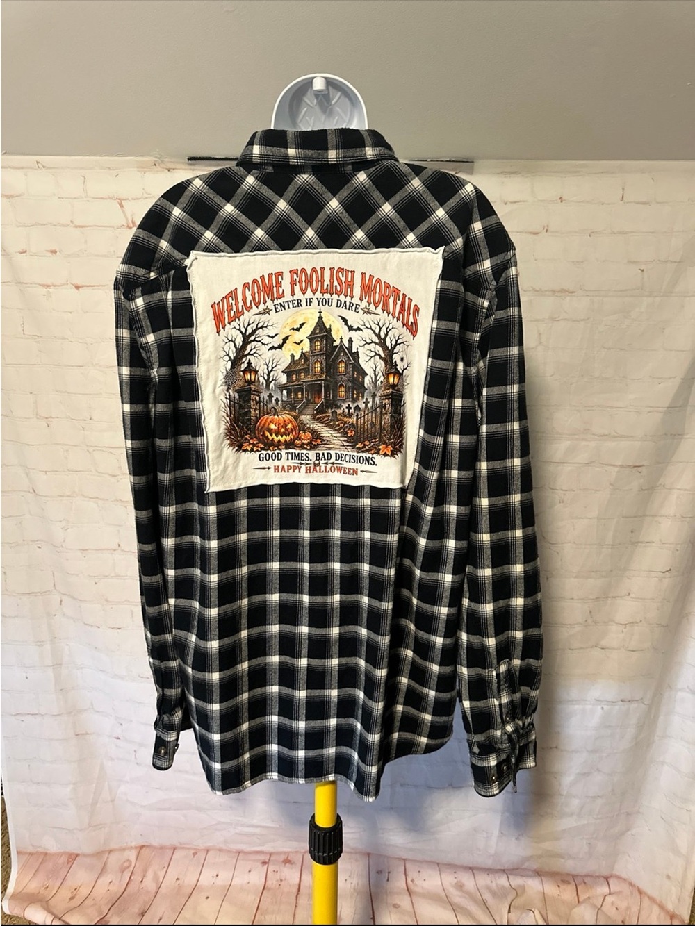 Upcycled Halloween Haunted House Welcome Foolish Mortals Tee Flannel XXL